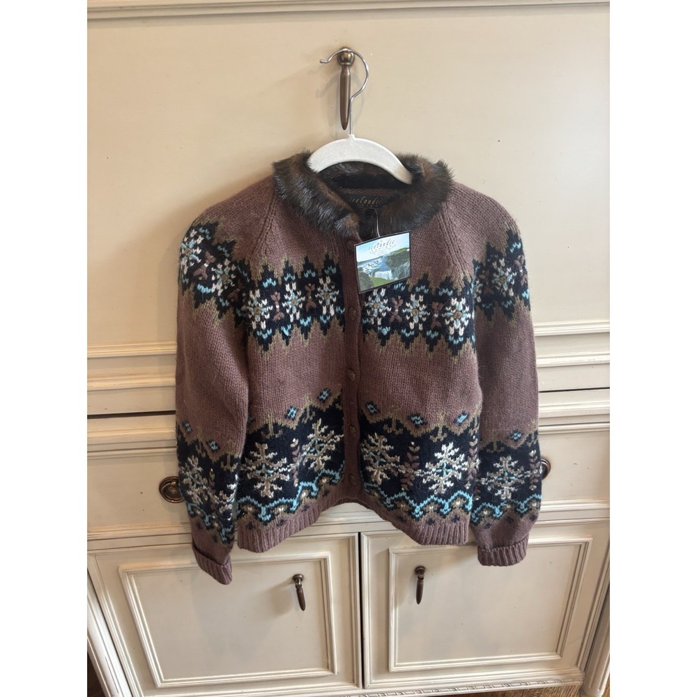 Icelandic Design Button Up Brown Boho Tribal Sweater Fur Trim NWT Small Wool